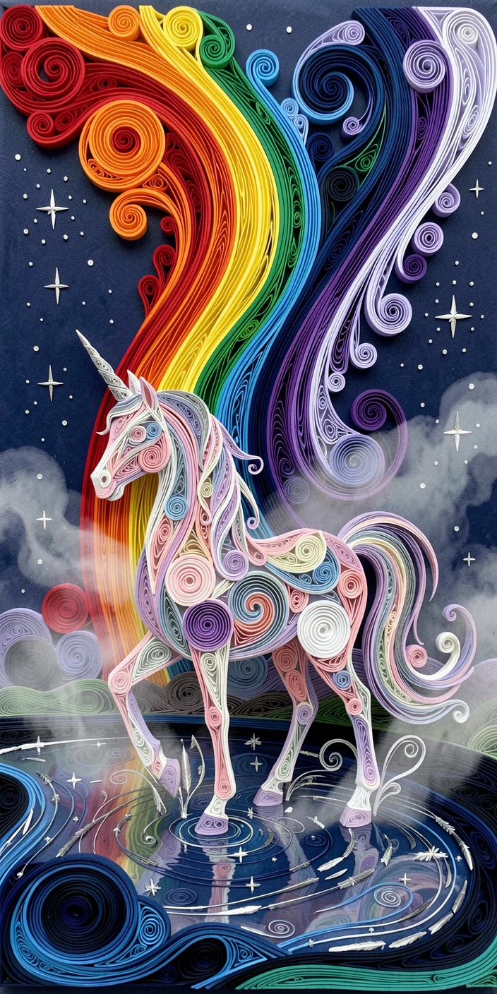 a graceful unicorn standing beneath a rainbow waterfall, on the shore of a starlit magical lake, composed with soft ethereal mist drifting through the scene, in deep midnight blues accented with silver.