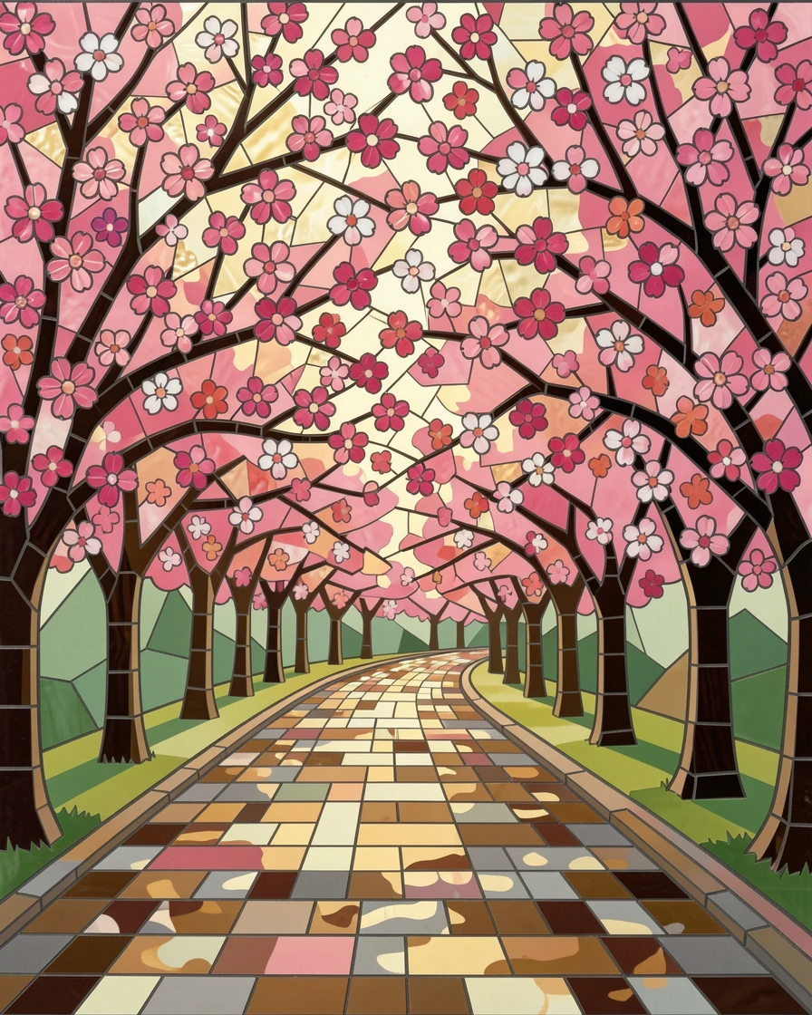 A canopy of cherry blossoms in full pink bloom along a quiet path, with soft morning light and a gentle blur of background greenery.