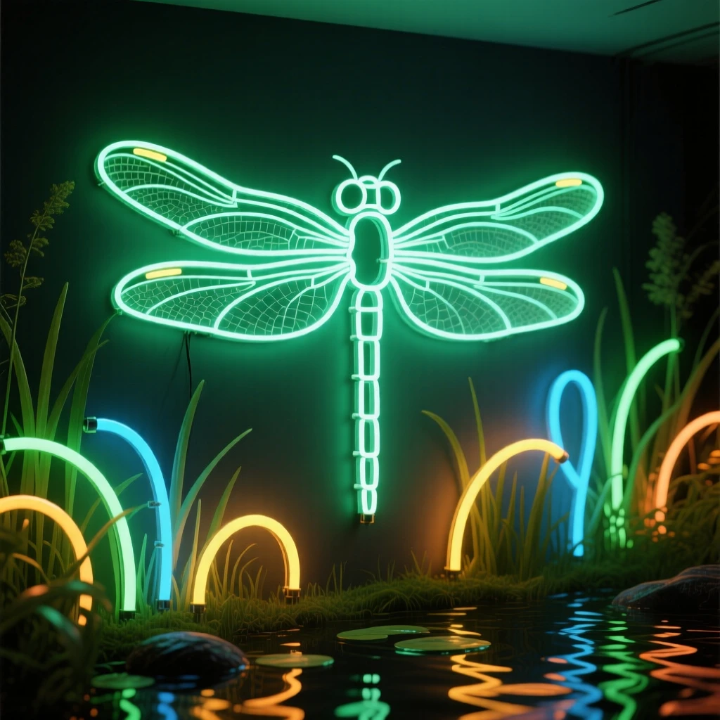 A wide environmental shot of a dragonfly standing in its natural habitat.
