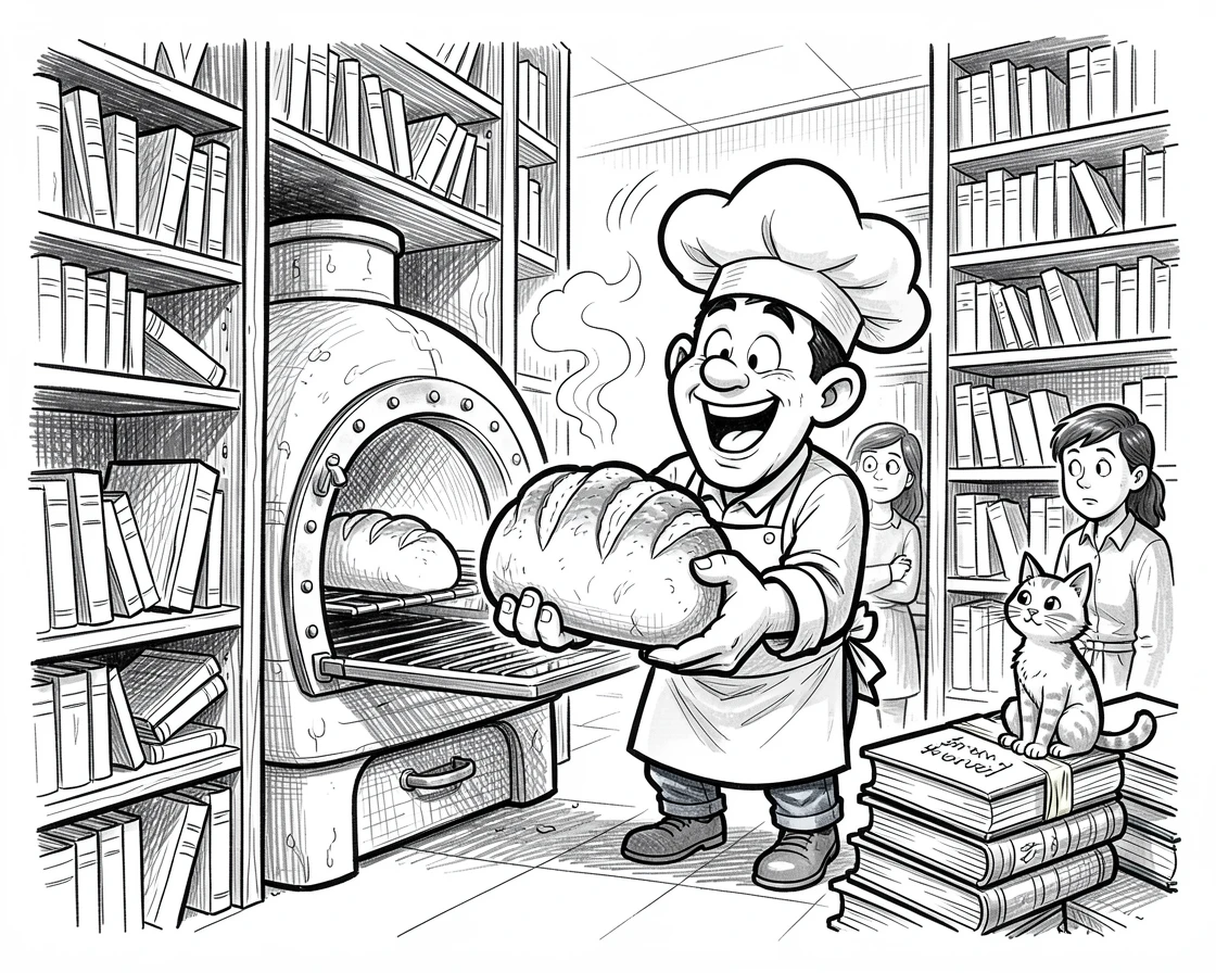 A baker pulling a fresh loaf of bread from the oven in a quiet corner of a public library.