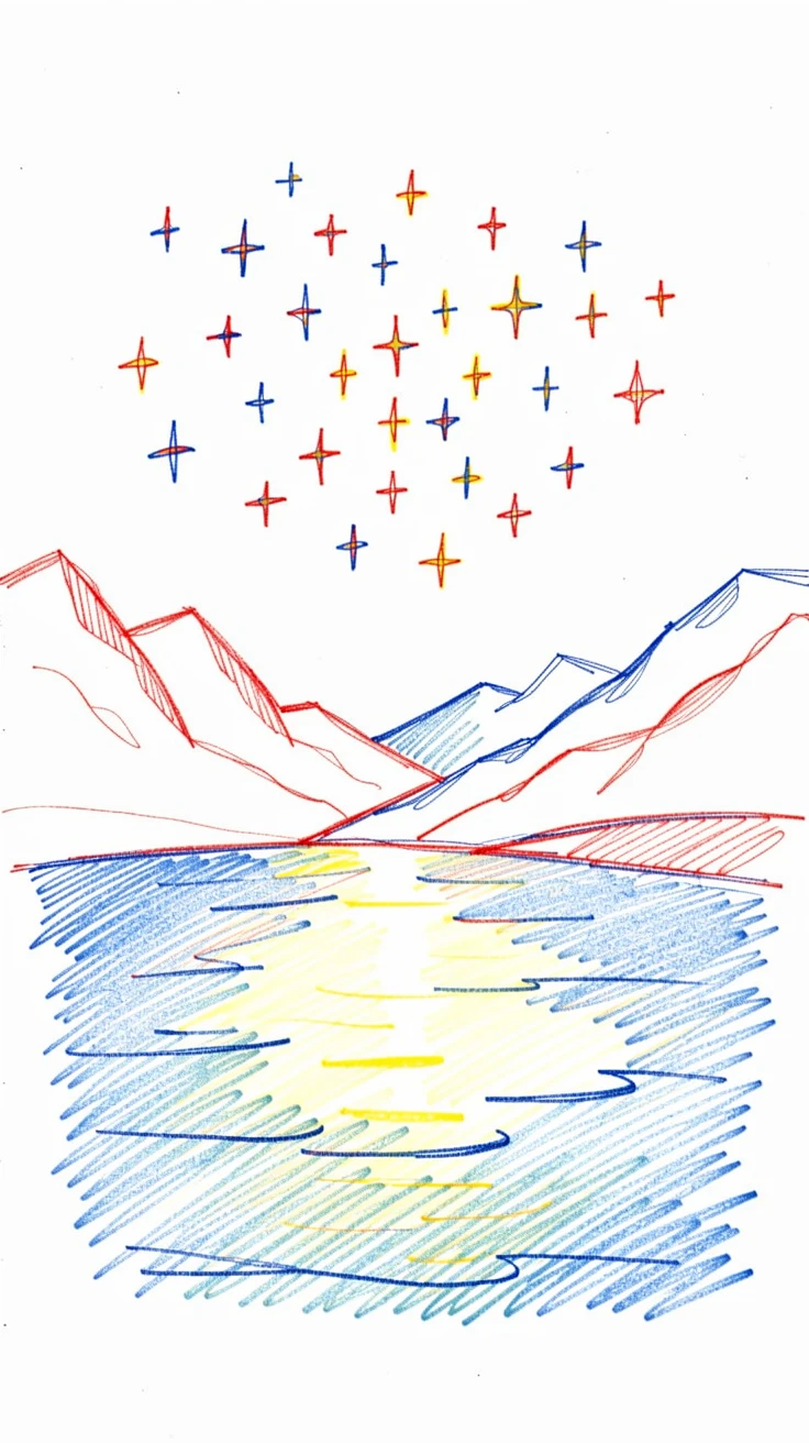 A cluster of twinkling stars reflected in a still mountain lake