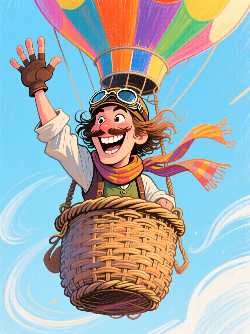 A daring hot air balloon pioneer waving triumphantly from a rising wicker basket.