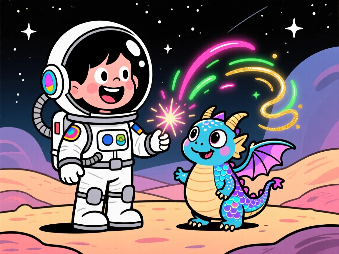 An imaginative fantasy scene of a young astronaut befriending an unlikely magical creature, as sparks of magic swirl through the air.