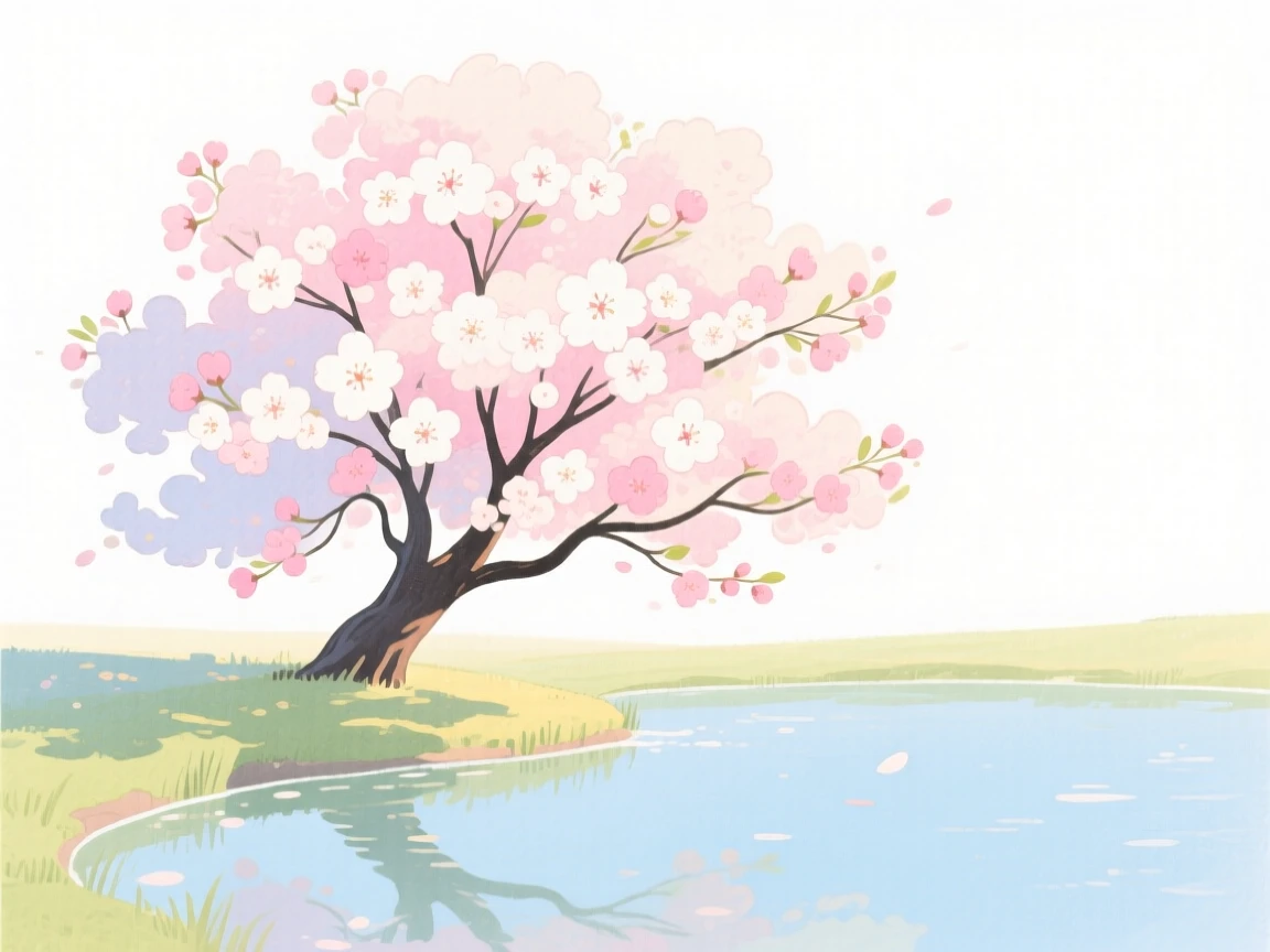 A serene landscape of a cherry blossom tree in full bloom beside a quiet pond in soft morning light