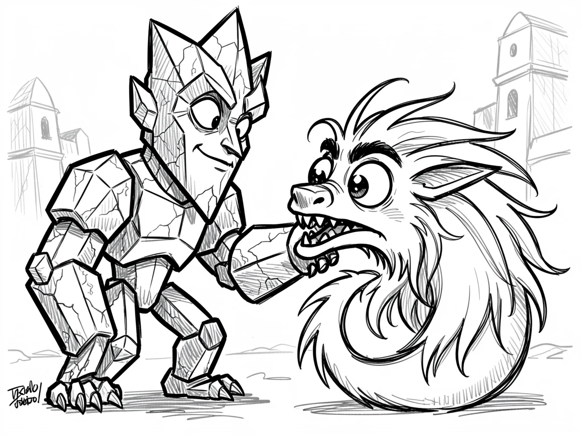 [Fantasy & Imaginative Scenarios] Imaginative fantasy scene of an ancient crystal golem taming a wild mythical creature, brimming with wonder