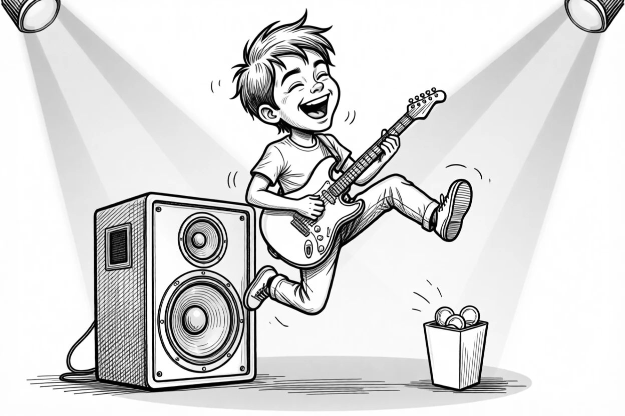 A kid playing air guitar with wild imaginary passion, leaping off a monitor speaker mid-riff, set on a stage lit with warm amber spotlights. A tip jar sits nearby with a few scattered coins. The image feels like the exact instant a song becomes unforgettable.
