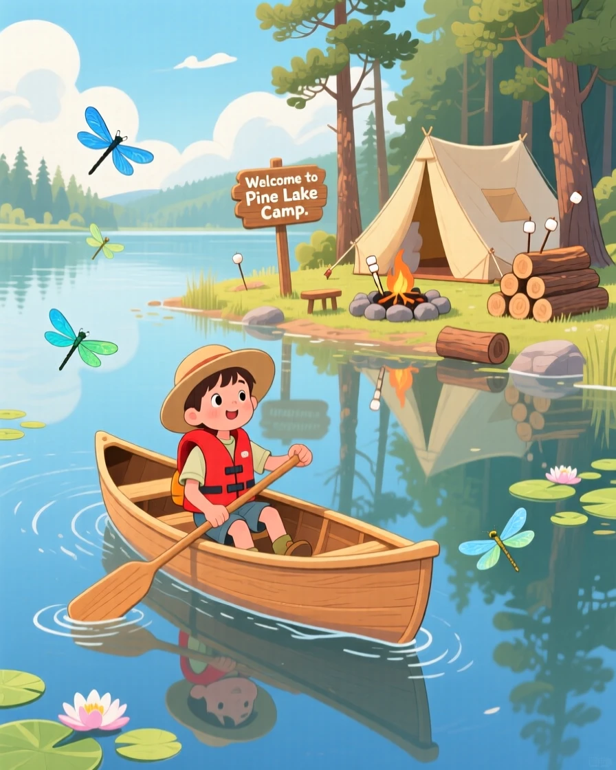 In a quiet lakeside campsite, a curious camper is paddling a small canoe across a calm lake, while dragonflies dart above the water.