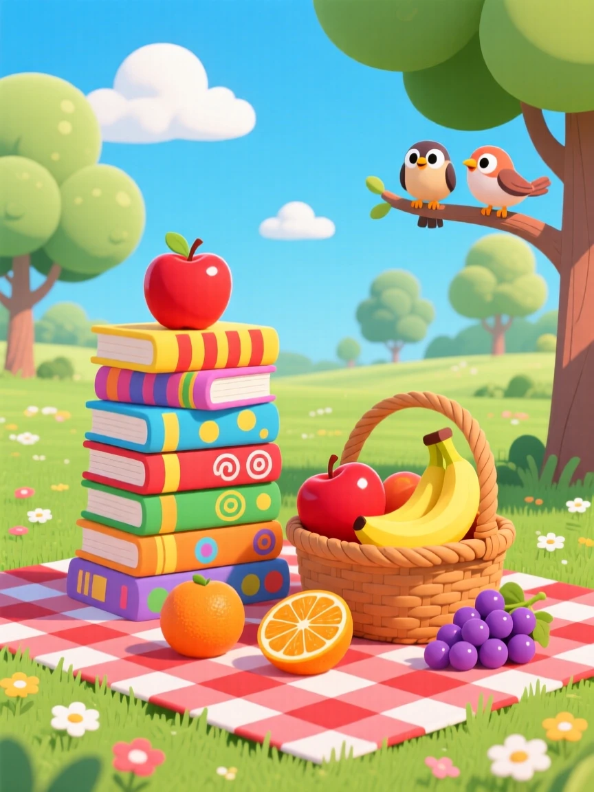 A picnic in a park with a stack of books and a basket of fruit.