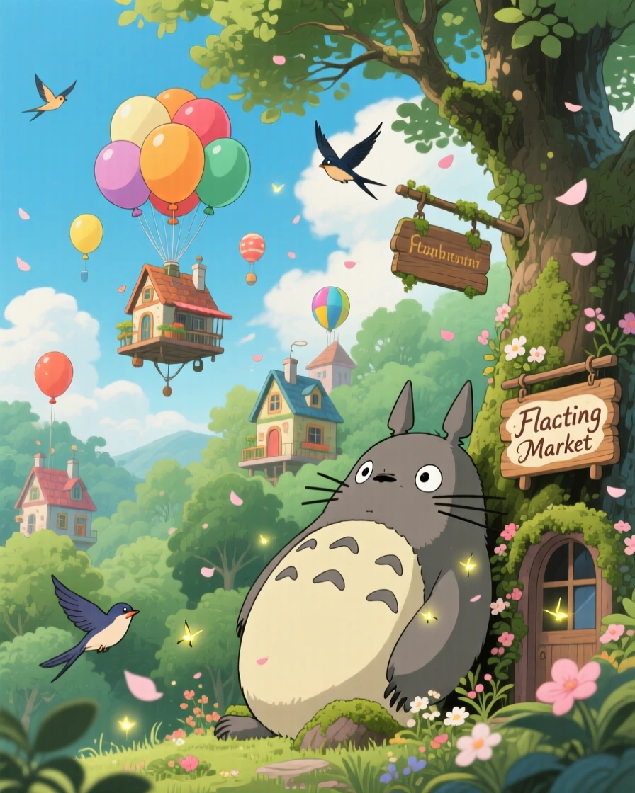 A balloon village drifting gently above a forest canopy, where a gentle giant resting among the treetops can be seen nearby, the atmosphere whimsical and joyful.