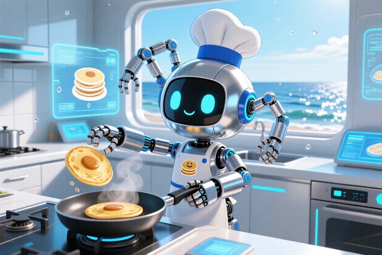 A small robot chef flipping a pancake with mechanical arms in a sleek futuristic kitchen on a breezy coastal afternoon; shimmering reflected light off water washes over the scene as quiet contentment fills the moment. Full-body shot.