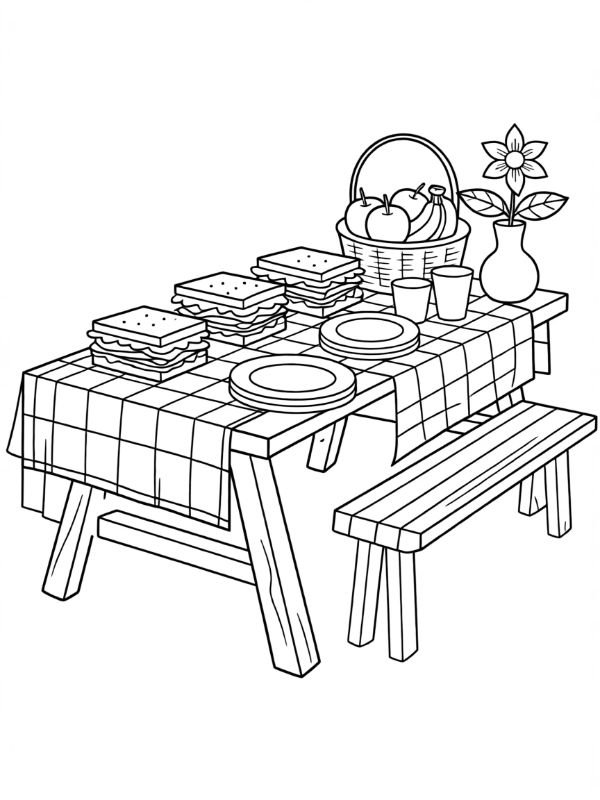 A picnic table with a checkered cloth and fresh sandwiches