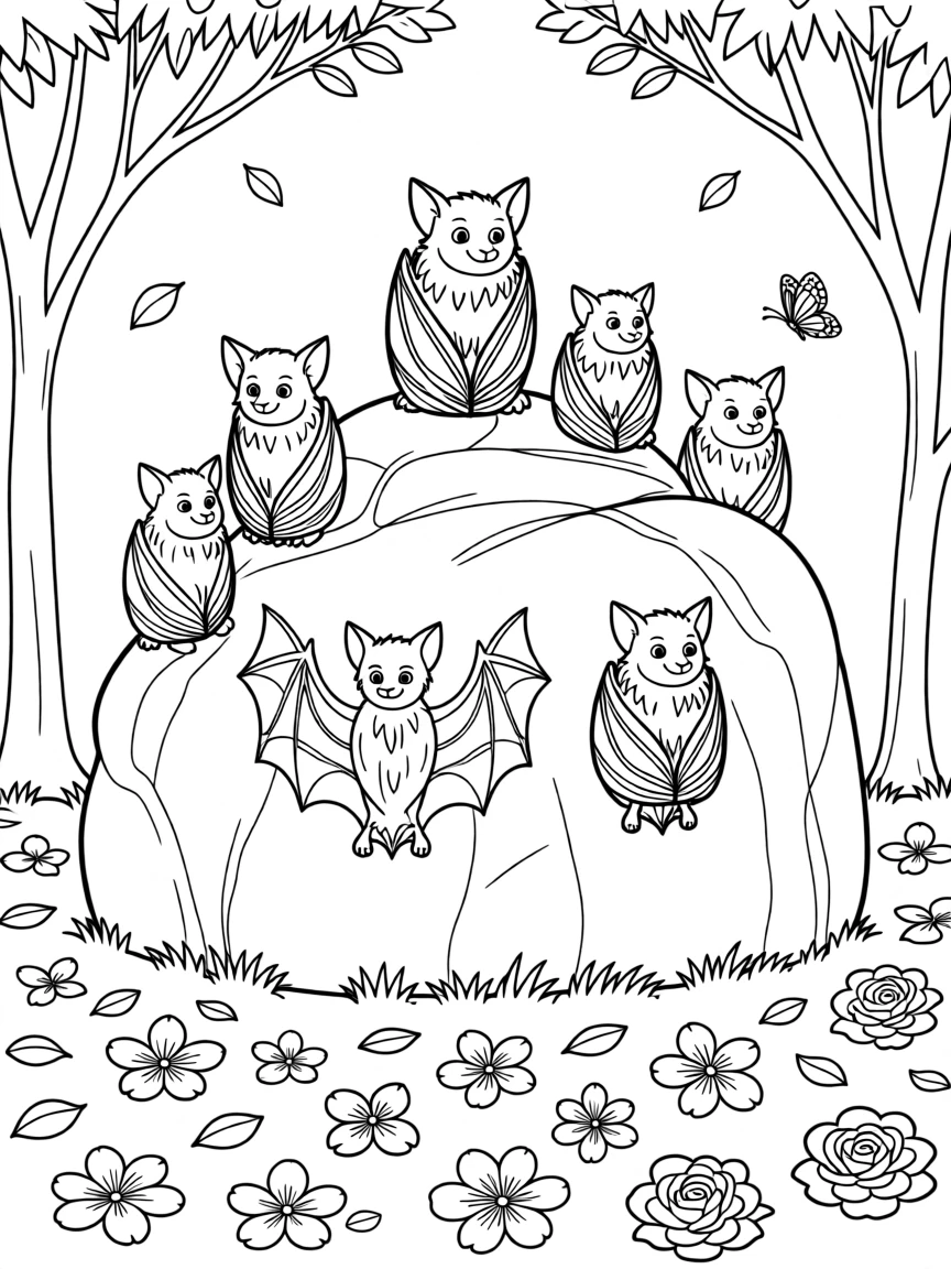 A colony of bats basking on a sun-warmed rock, surrounded by a scattering of fallen petals.