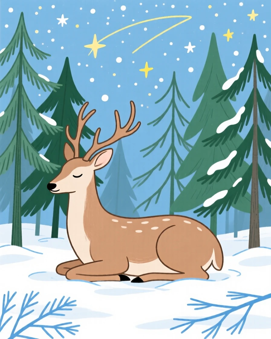 A gentle deer napping in a snowy pine forest under a clear starry sky.