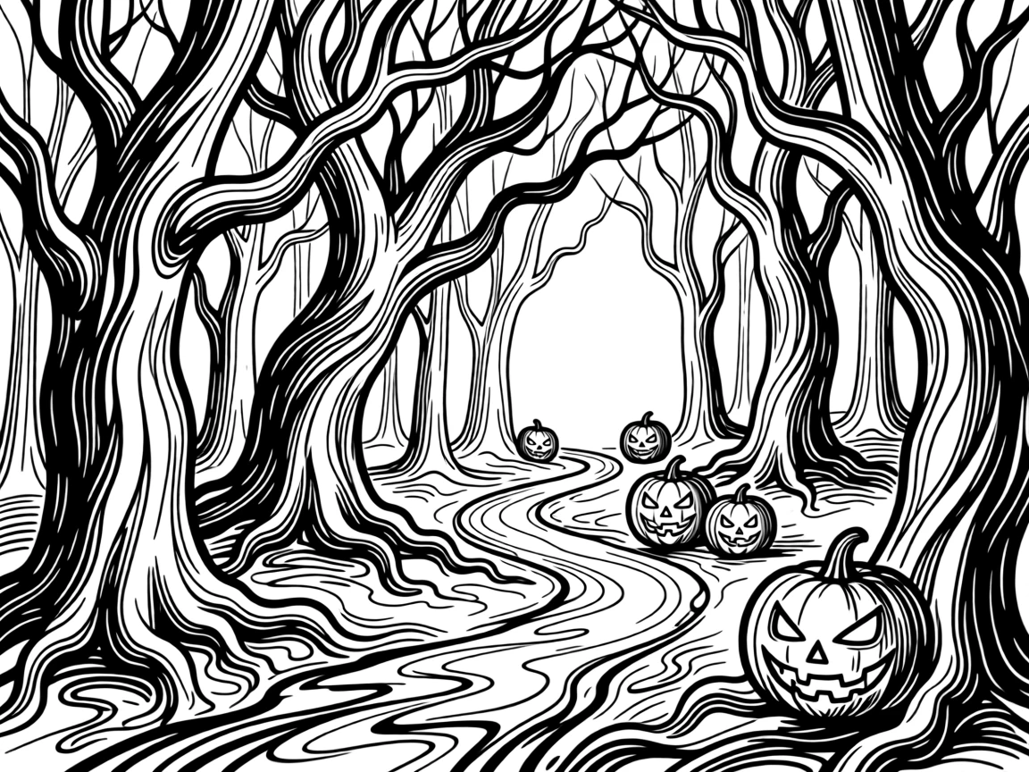 A spooky Halloween forest with glowing jack-o'-lanterns lining a path.