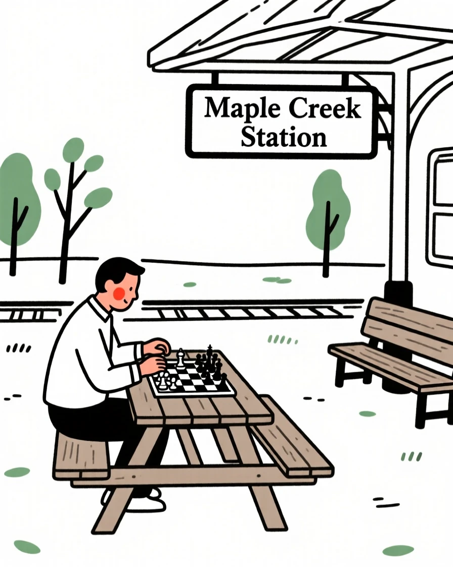A father playing chess in a quiet park, at a rural train station.