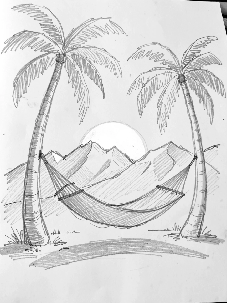 A serene, inspiring scene of a hammock swaying gently between two palm trees, as the sun rises over distant mountains, evoking deep calm and clarity.