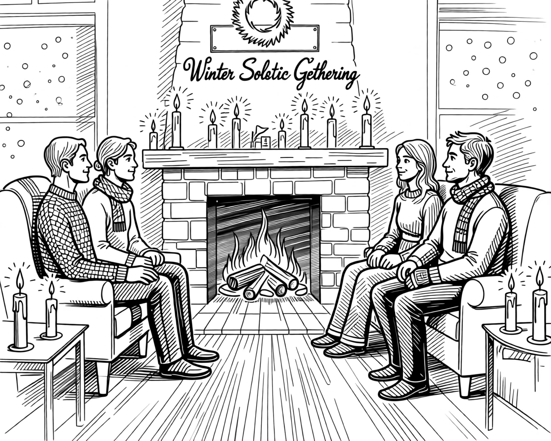 A festive winter solstice gathering with candles lit around a cozy hearth.