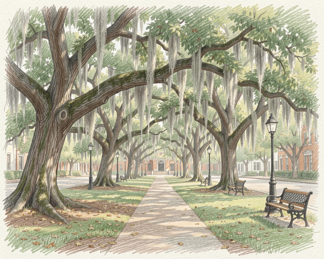 A Savannah square draped in Spanish moss beneath old oaks, with a gentle play of light and shadow across the composition, perfect for anyone drawn to gentle, heartfelt imagery.