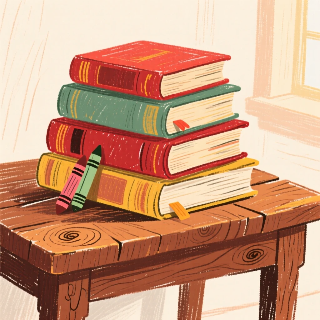 A stack of antique books resting on a rustic wooden table.