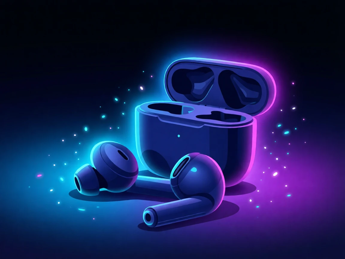 A pair of wireless earbuds resting beside a charging case, surrounded by soft glowing neon accents, framed from a striking low angle for a sense of scale, with a subtle sense of wonder about future possibilities.