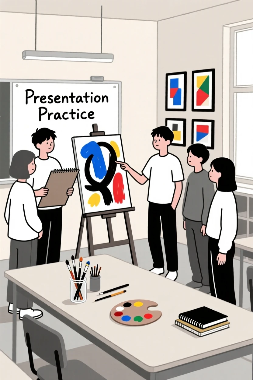 A group of students practicing a presentation in an art classroom.