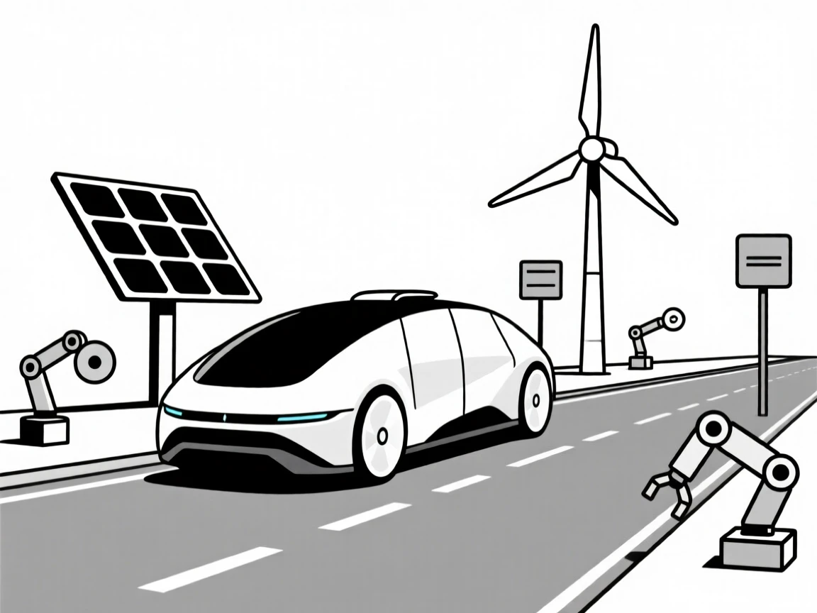 A sleek autonomous vehicle on a city street placed in a renewable energy field, surrounded by precision robotic components, conveying quiet efficiency.