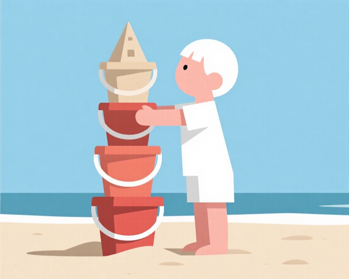 A young child stacking sandcastle buckets on a beach