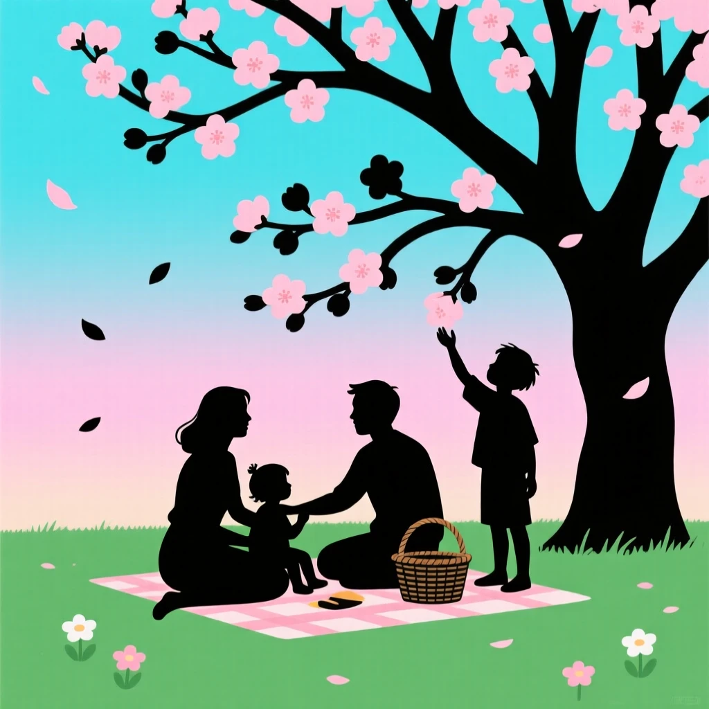 A family gathered for a springtime picnic beneath a blossoming tree.