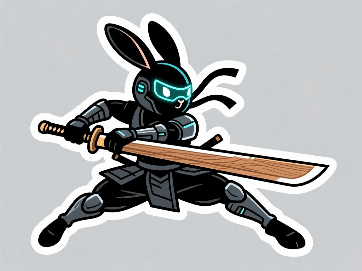 A charmingly futuristic ninja rabbit mid-leap with a wooden sword, striking a confident heroic pose, in an epic imaginary universe.