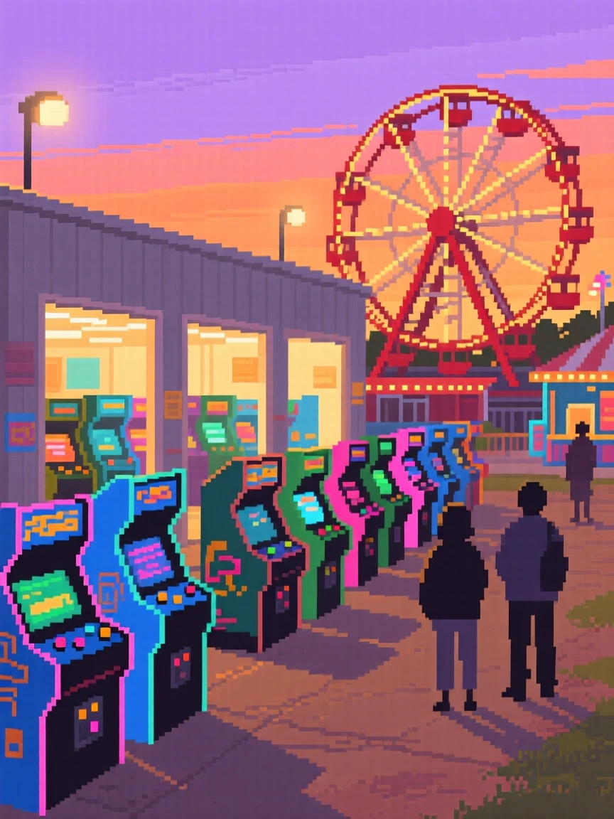A classic arcade with rows of glowing machines laughing together on a warm summer evening, at a small-town fair with a ferris wheel.