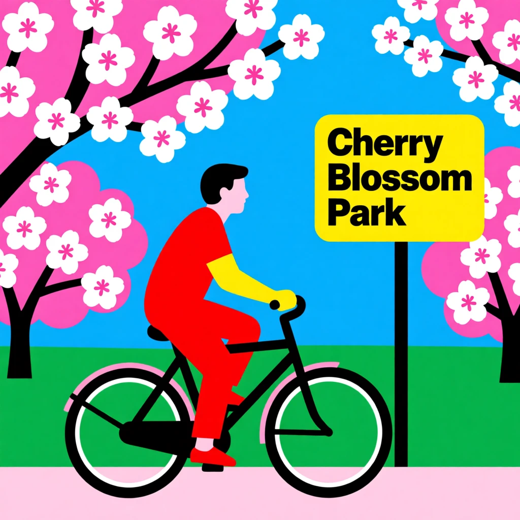 Bicycle ride through a cherry blossom park