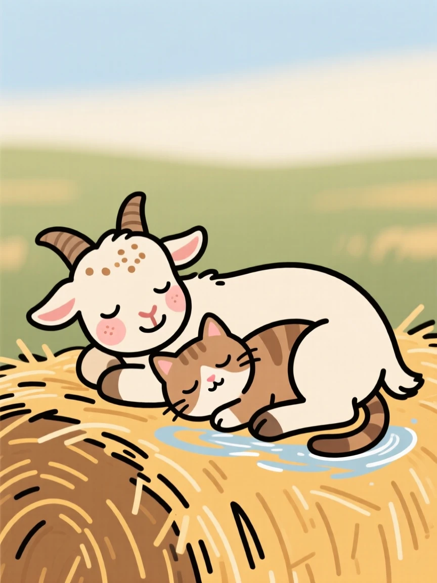 A baby goat curls up beside a sleeping kitten on a haystack, both worn out after an afternoon of splashing through shallow waves.