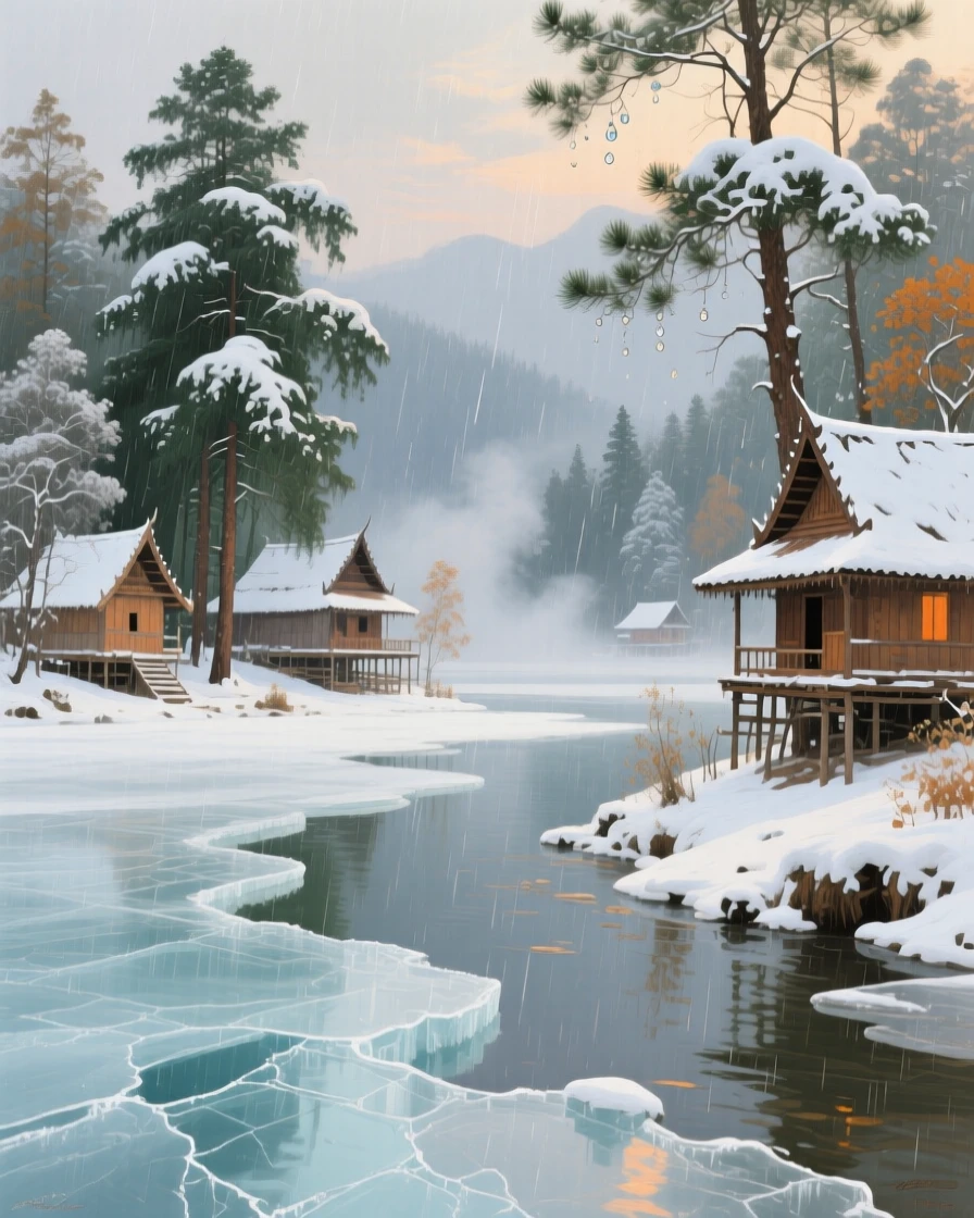 A sweeping wide shot of a frozen lake surrounded by snow-laden pines, in a Thai river village, during the first frost of autumn, during a gentle spring shower.