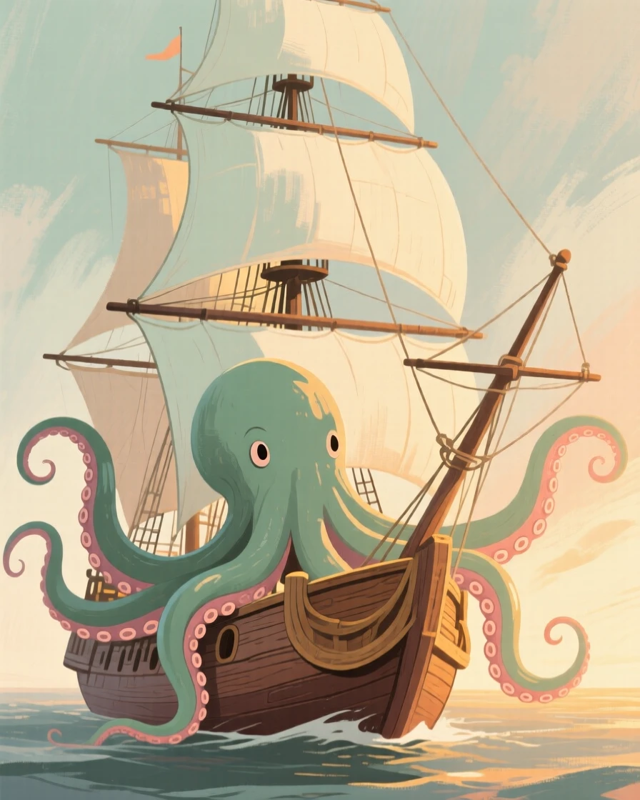 A kraken's tentacles rising gently beside an old sailing ship