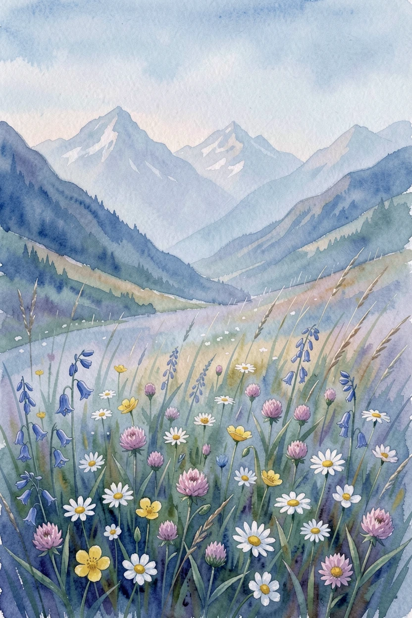 An alpine meadow full of wildflowers in the blue light of dusk with distant peaks fading into haze.