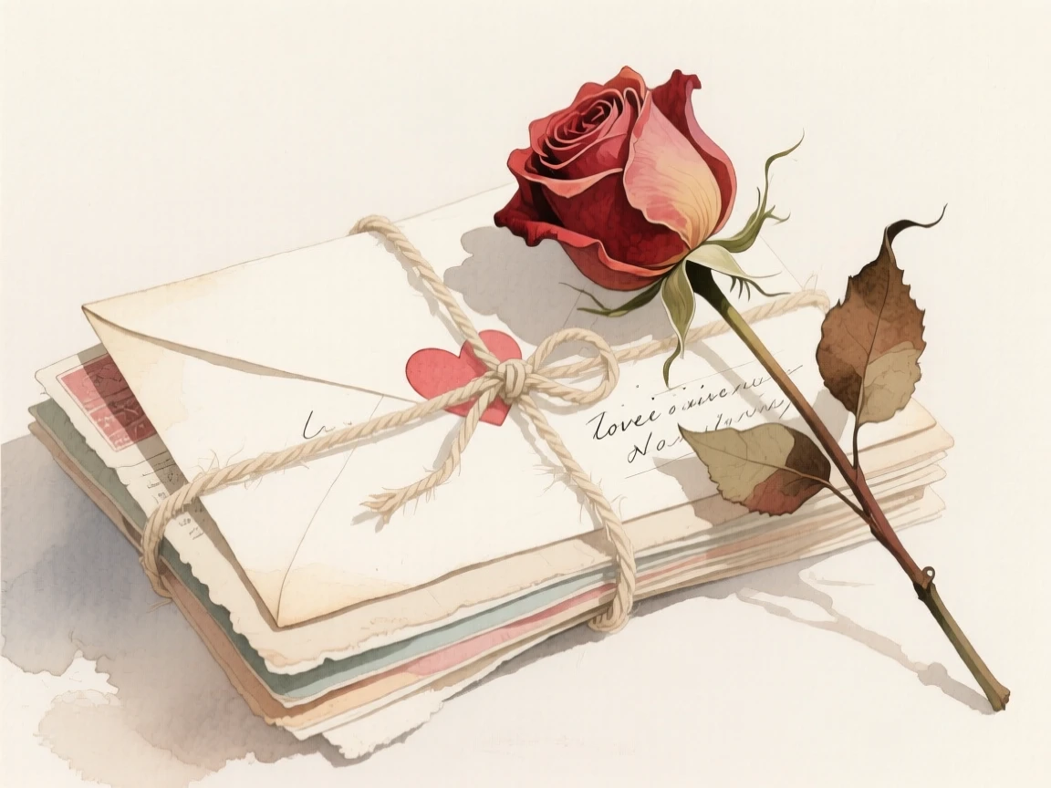 A love letter and a wilted rose sit atop a stack of old postcards tied with faded twine