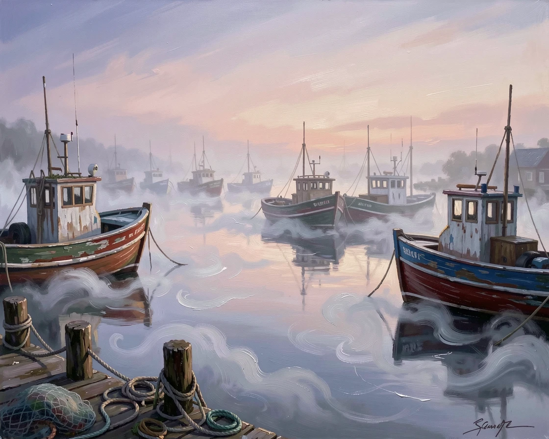 In the fading light of dusk, thick fog rolling through a quiet harbor at dawn, above a calm harbor filled with fishing boats, mist curling low across the ground.
