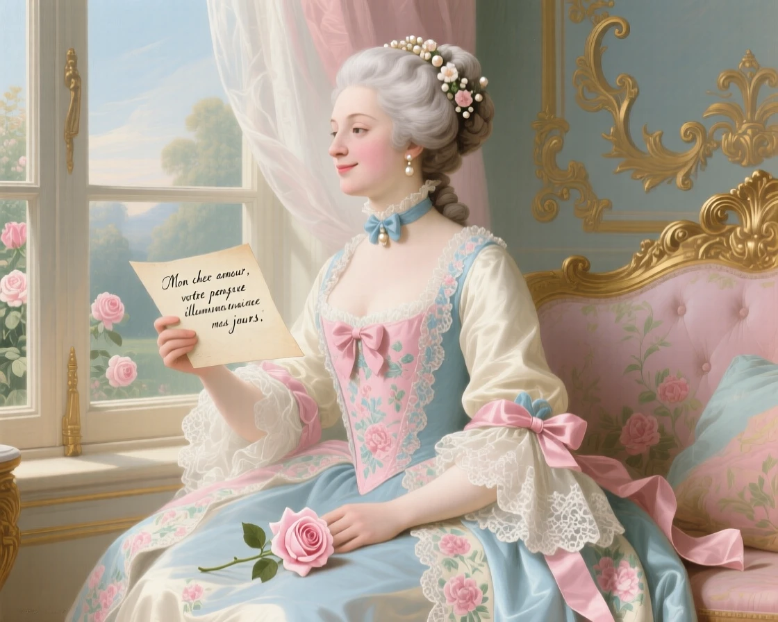 A lady sitting beside an open window with a letter, a rose, and a thoughtful smile  
