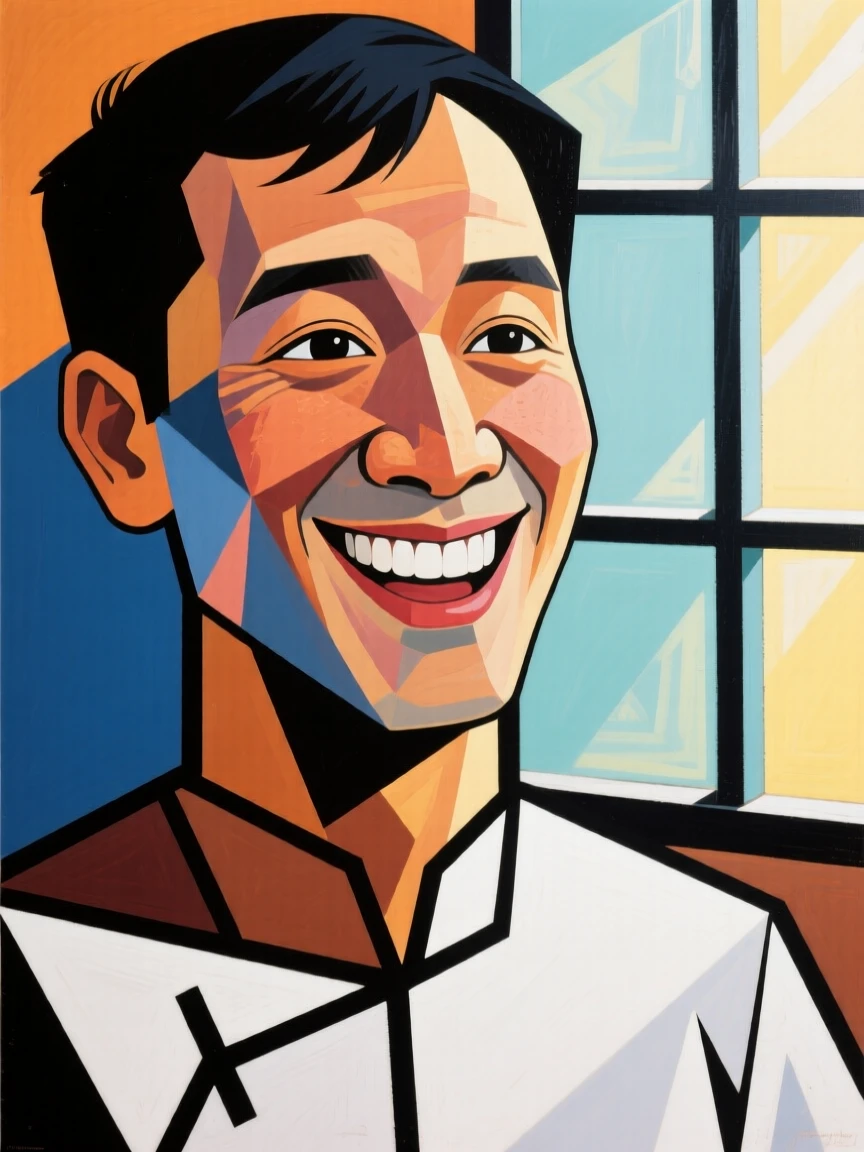 A close-up portrait of a new father of Vietnamese heritage, beaming with triumph, in soft window light.