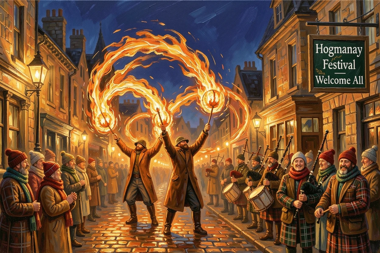 A traditional Scottish Hogmanay celebration shows fire performers swinging blazing balls of flame through the streets of Edinburgh at midnight, the atmosphere charged with music, movement, and a shared sense of celebration.