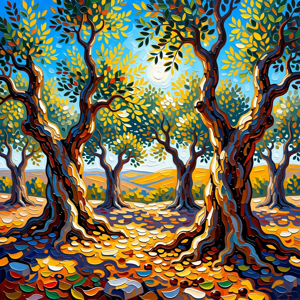 A grove of ancient olive trees with gnarled, twisting trunks in the Mediterranean afternoon light