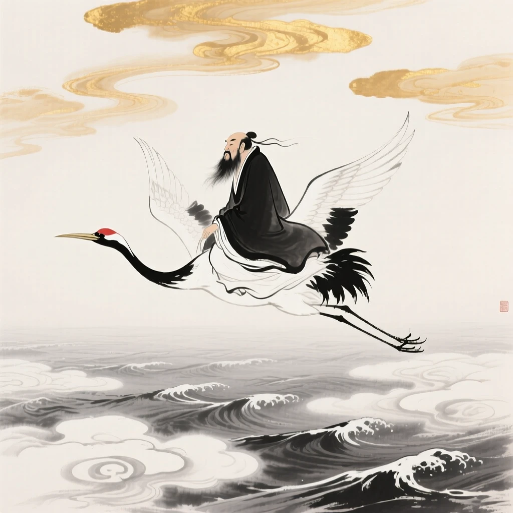 An immortal sage rides a crane above a sea of clouds, beneath a sky filled with drifting golden clouds.