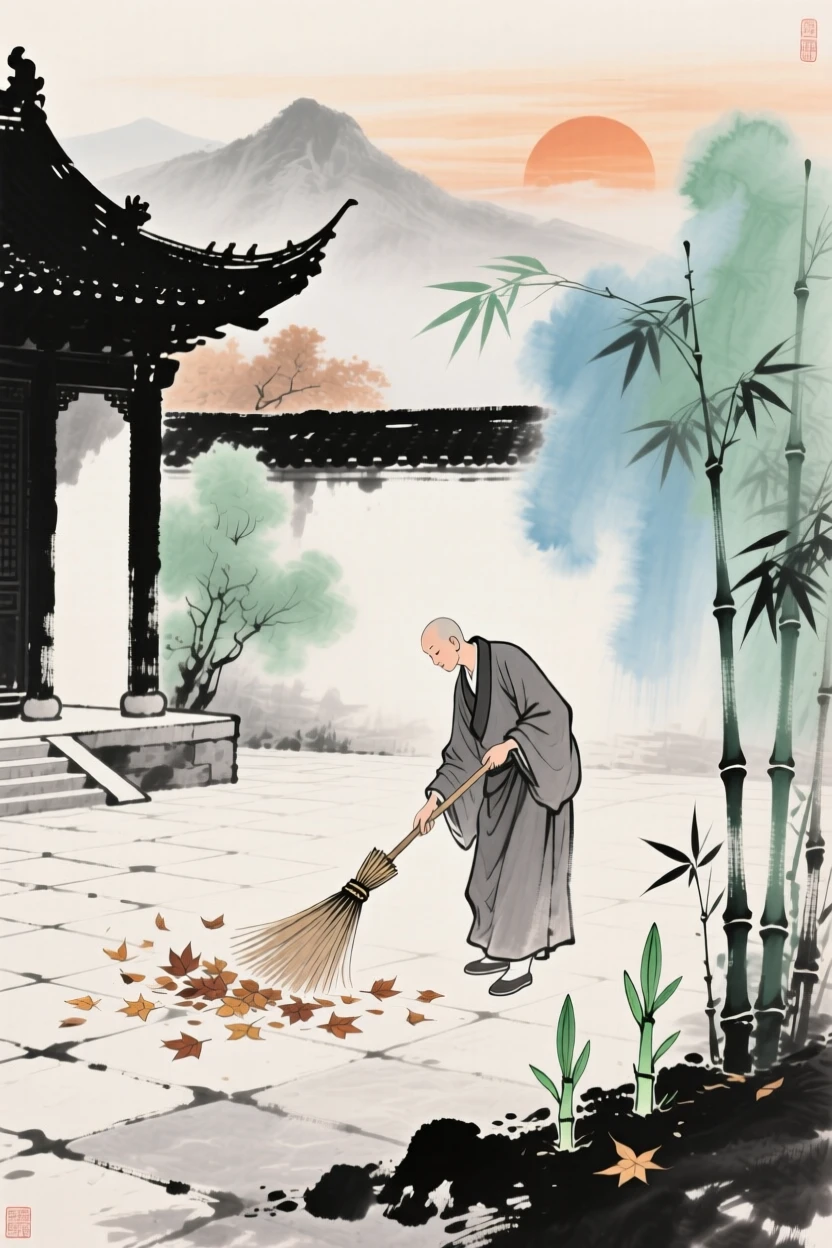 A monk sweeping fallen leaves from a temple courtyard, as new bamboo shoots break through the soil, as the sun sets behind distant peaks.