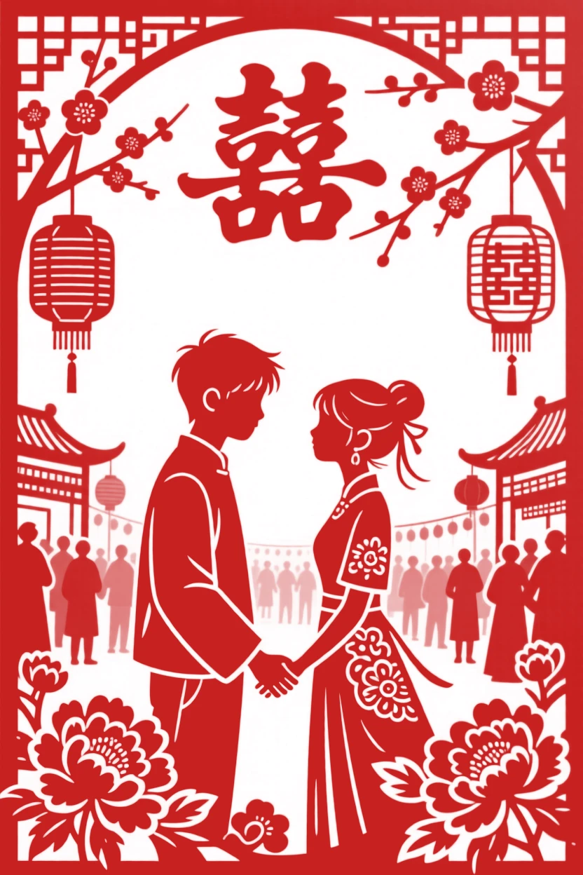 A young couple exchanging a quiet glance across a crowded festival, hands almost touching