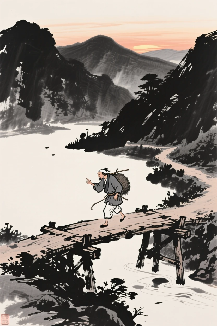 A shepherd crossing an old wooden bridge at dusk along a quiet mountain trail, captured mid-gesture in a candid, natural moment, evoking warmth, simplicity, and quiet dignity.