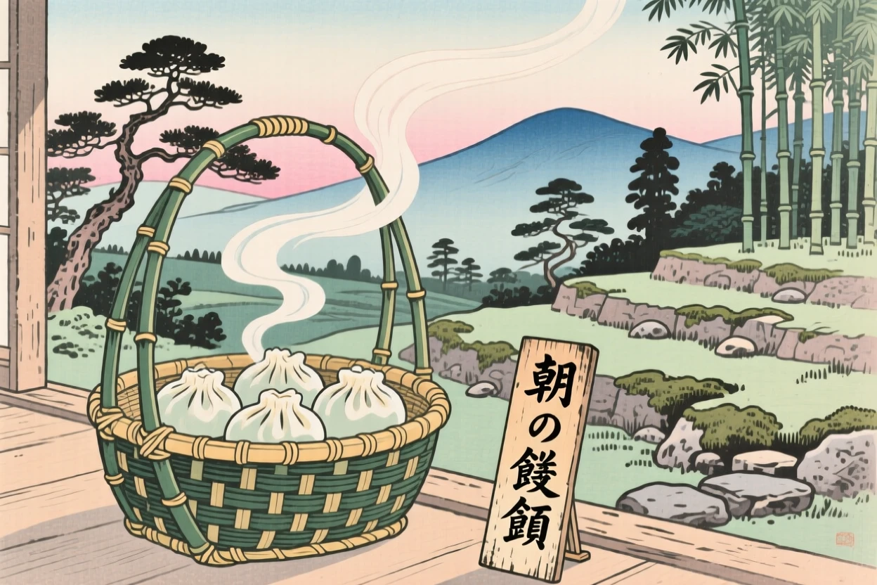 A bamboo basket of steaming dumplings cooling in the early morning breeze.