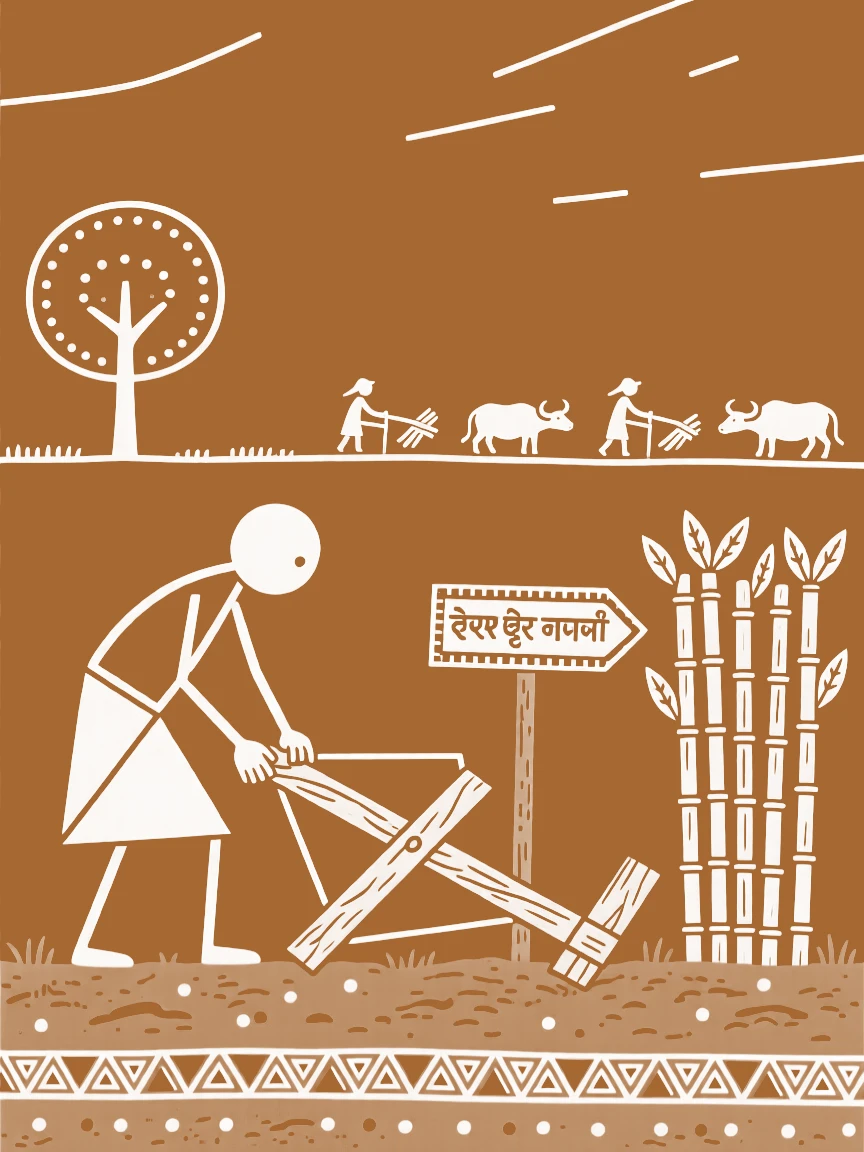 A farmer repairing a wooden plow harvesting sugarcane under a wide open sky.