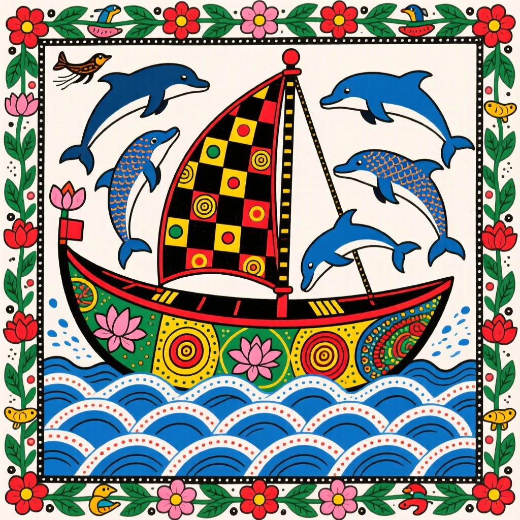A group of dolphins playing in the wake of a fishing boat.