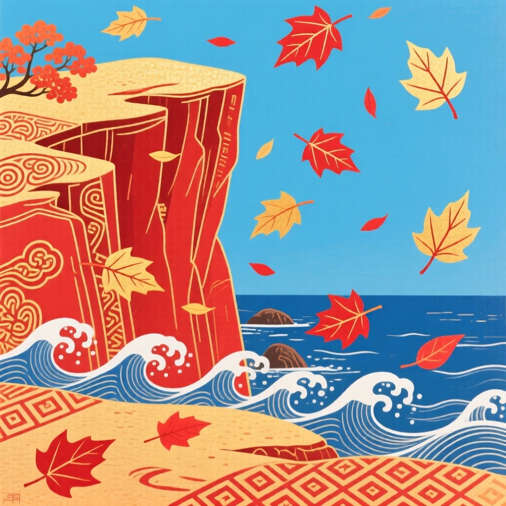 A view of a coastal cliff as red and gold leaves fall gently to the ground.