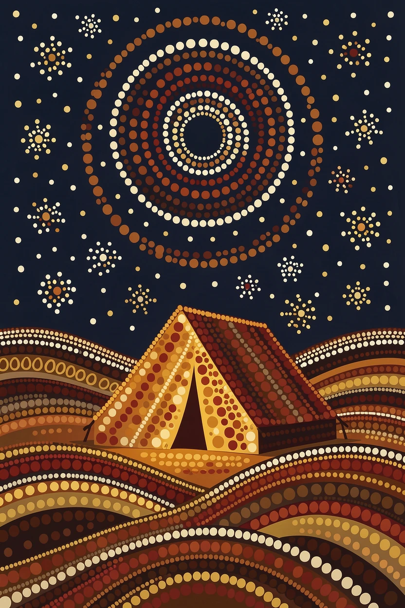 A traveler's tent glowing beneath a starlit desert over rolling hills